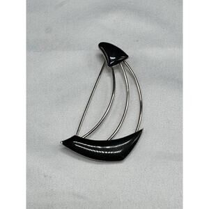 Vintage Black Enamel Swirl Wave Sail Boat Silver Tone 2” Spin Lock Abstract